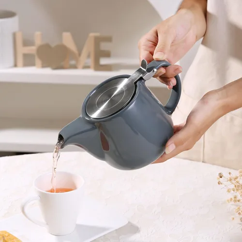 Vista 4 de Tetera de cerámica con infusor de acero inoxidable, resistente al calor, perfecta para hacer té, tetera gris 500ml/17oz