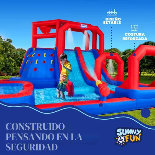 Vista 5 de SUNNY & FUN Mega Climb N' Go - Parque acuático inflable con dos toboganes Heavy-Duty Oxford Blow-Up Water Park for Kids Backyard with Deep Splash