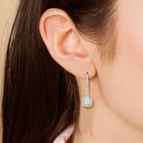 Vista 5 de FANCIME Aretes de palanca en la parte trasera, aretes de ópalo creado con piedra natal de octubre, plata esterlina, ópalo de fuego blanco, halo