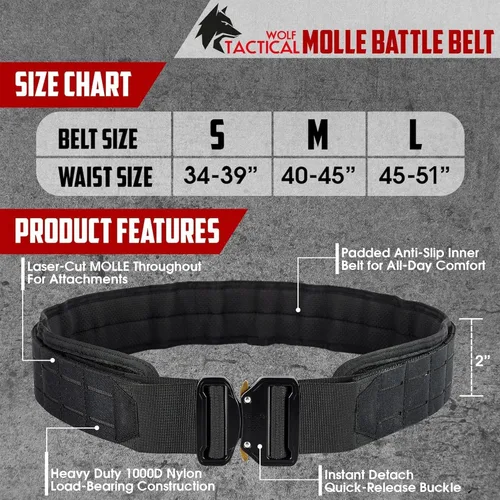 Vista 4 de WOLF TACTICAL Cinturón de Batalla Molle – Cinturón de Guerra Cinturones de Batalla Cinturón Táctico para Armas Cinturón de Servicio 2" Cinturón