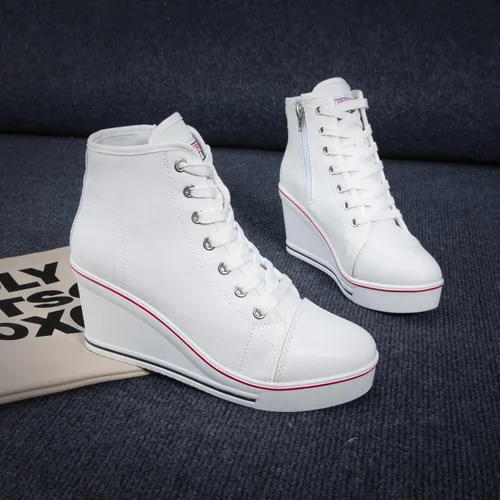 Vista 3 de Zapatos deportivos de cuña para mujer, plataforma de tacón alto, zapatos de lona con cordones y cremallera, zapatos de tenis de plataforma