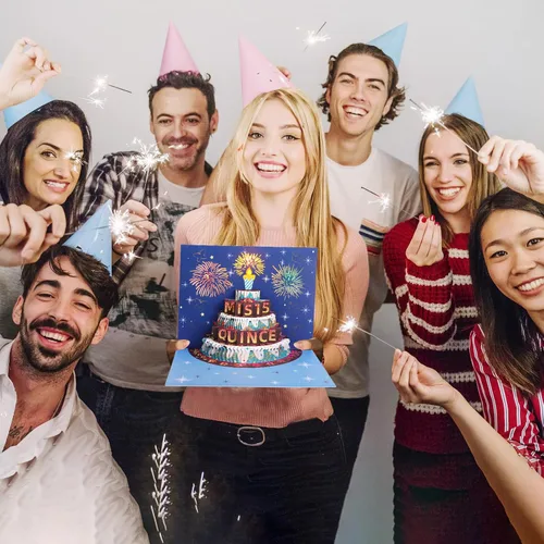 Vista 4 de Rotel Tarjeta de quinceañera, luz de pastel emergente y música, tarjeta de feliz cumpleaños 15 para regalos de quinceañera, tarjetas