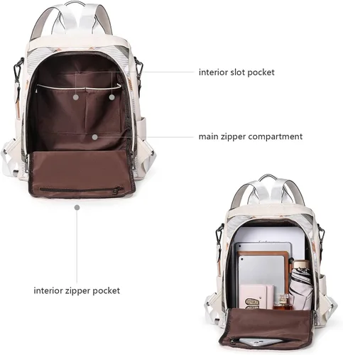 Vista 35 de Bromen - Mochila tipo bolso de mano de piel antirrobo para mujer a la moda, Beige floral, L