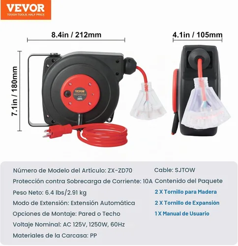 Vista 7 de VEVOR Carrete de cable de extensión retráctil, 30 pies, carrete de cable de alimentación retráctil resistente 16AWG/3C SJTOW con toma triple