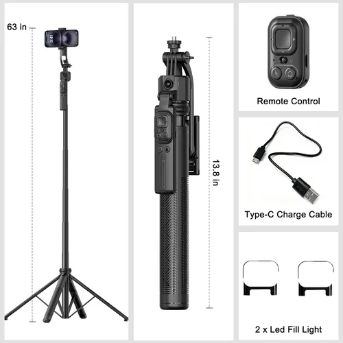 Vista 8 de Trípode de seguimiento automático de cara para iPhone con luz de 160 cm Palo selfie trípode soporte sigue tu movimiento 360° trípode de cámara