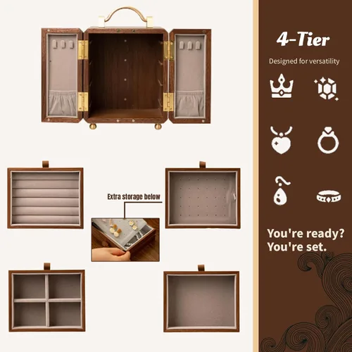 Vista 3 de Kinsuite Joyero de nogal negro Organizador de joyas de 4 niveles con doble puerta segura para aretes, anillos, collares, pulseras, patrón de espejo