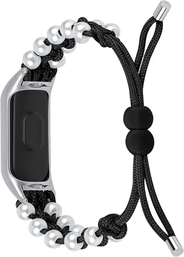 Vista 2 de Pulsera Compatible con Xiaomi Mi Band 5/4, KangPlus Mujer Chica Elegante Pulsera De Reemplazo Transpirable Ajustable Hecho A Mano De Imitación Negro