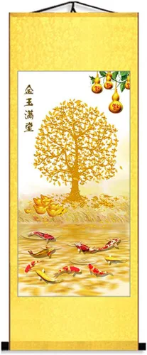 Vista 7 de Zzooi Feng Shui - Arte de pared de árbol del dinero, árbol de monedas, árbol del tesoro, pergamino de seda, póster de seda colgante de fortuna