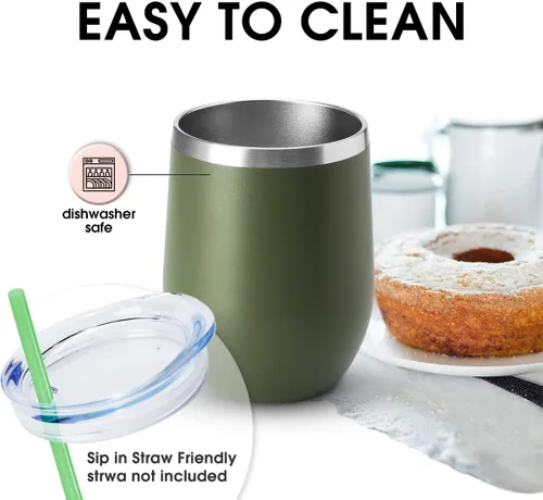 Vista 3 de HASLE OUTFITTERS Vaso de vino de 12 onzas con tapa, copas de vino sin tallo, tazas de viaje al vacío de doble pared, taza de café de acero Acero