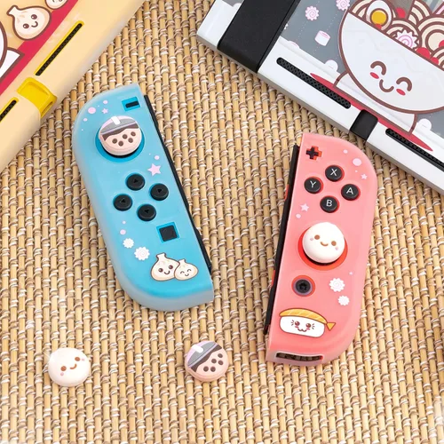 Vista 2 de BelugaDesign Boba Dumpling Thumb Grips Lindo té de burbujas de cara de moño de cerdo Funda de botón japonés Kawaii Compatible con Nintendo Switch