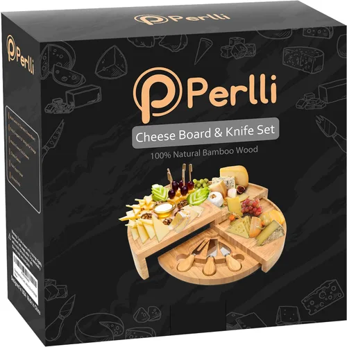 Vista 8 de Perlli Juego de tabla y cuchillos de bambú para queso, grande, plegable, de 18 pulgadas, redondo, de madera, giratoria, charcutería, plato