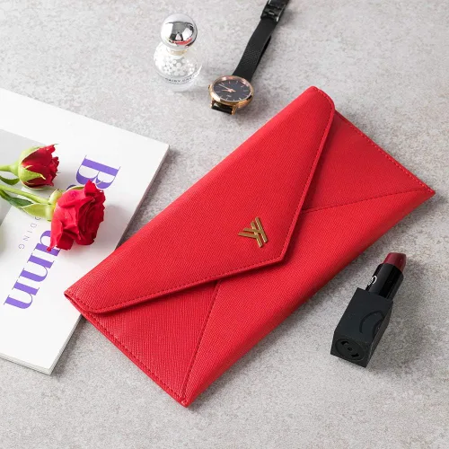 Vista 2 de YBONNE Cartera larga RFID que bloquea el bolso del sobre de las mujeres, hecho de cuero Saffiano (rojo)