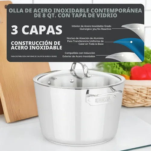 Vista 2 de Viking Olla de Cocción Contemporánea de Acero Inoxidable de 3 Capas, Olla para Sopa de 8 Cuartos con Tapa, Utensilios de Cocina