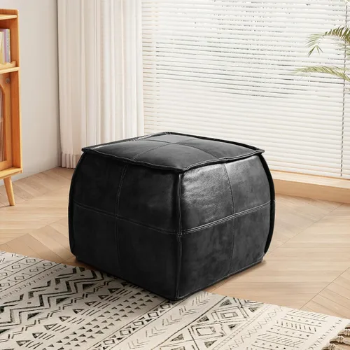 Vista 10 de Otomano Redondo de Cuero, Otomano Relleno Hecho a Mano, Puf de Cuero Genuino, Puf Reposapiés, Asiento Cómodo y Suave para Sala de Estar y Dormitorio