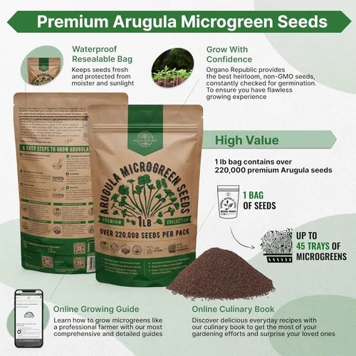 Vista 2 de Organo Republic Semillas de Rúcula para Germinación y Microgreens - Kit de Semillas de Brotes Sin OGM, Reliquia, Bolsa Resellable de 1 libra