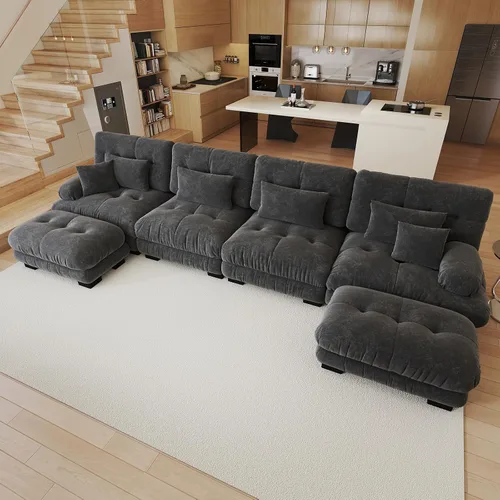 Vista 109 de Sofá modular de gran tamaño de 94 pulgadas, sofás seccionales grandes de color beige y blanco para sala de estar, juego de sofá de terciopelo, sofás