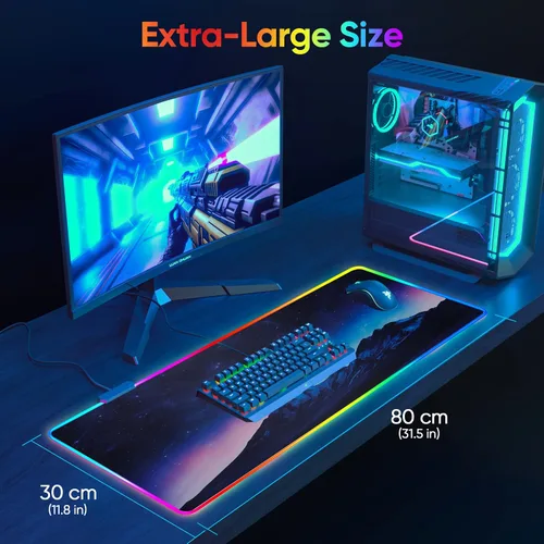 Vista 5 de Alfombrilla de mouse para juegos RGB, Galaxy Space extendida, grande, suave, con 14 modos de iluminación, alfombrilla impermeable para teclado