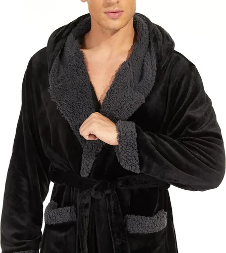 Vista 4 de iniber Bata con capucha para hombre, suave y ligera, de felpa, cálida y larga, con bolsillos