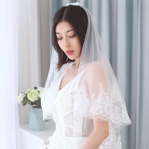 Vista 3 de Ursumy Velo de encaje para boda, velo de novia de 2 niveles con peine