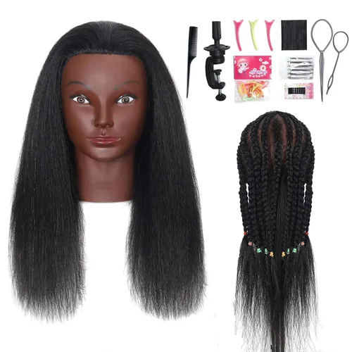 Vista 7 de Cabeza de maniquí de 16 pulgadas, 100% cabello humano, para peluquería, entrenamiento, trenzar, peinar, cosmetología, maquillaje, práctica