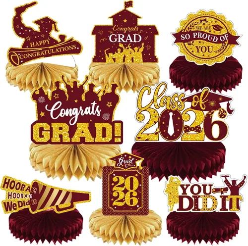 Vista 10 de Decoraciones de fiesta de graduación 2026 – 8 piezas de decoración de fiesta de graduación negro dorado clase de 2026, centros de mesa de panal