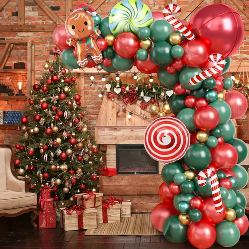 Vista 6 de Kit de Guirnalda de Globos de Navidad, 108 Piezas Globos Retro Verde Oscuro Rojo Oro Arco con Globos 4D, Globos de Caramelo en Forma de Bastón