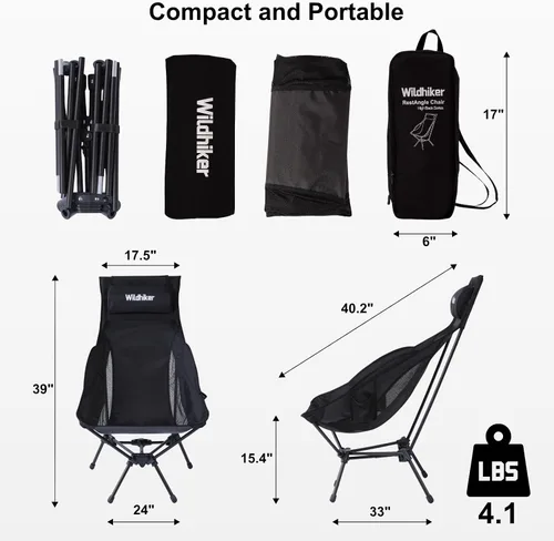 Vista 3 de Wildhiker Sillas de camping plegables y compactas portátiles, respaldo alto ligero con almohada, reclinación profunda, almohadillas, bolsillos Negro