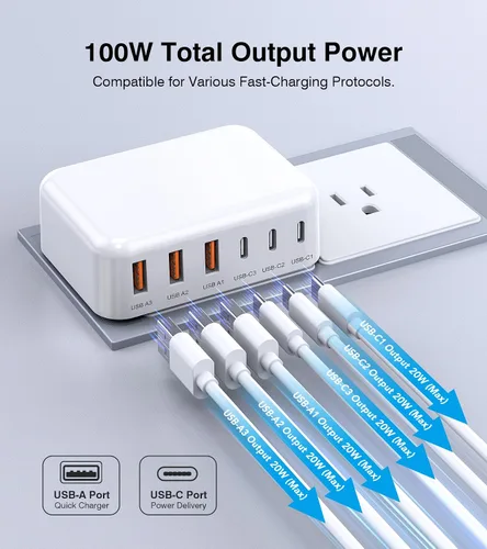 Vista 5 de Bloque de cargador rápido USB de 100W, concentrador de estación de carga rápida de 6 puertos GaN USB plano Multiple USB C Wall Charger Plug