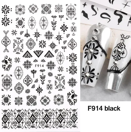 Vista 6 de Calcomanías de uñas autoadhesivas 3D de rosa negra, diseño holográfico de serpiente, sol, estrellas, decoración para mujeres, consejos de manicura