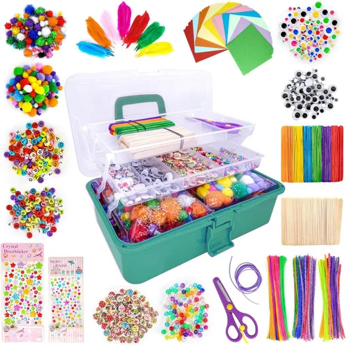 Vista 7 de kortes Suministros de arte y manualidades jumbo para niños, juego de suministros de arte de bricolaje incluye limpiapipas, pompones, plumas, caja
