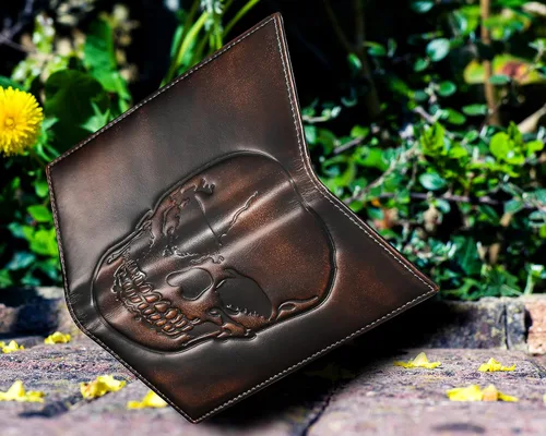 Vista 6 de DK86 Cartera larga plegable para hombre Cuero de grano completo con bruñido a mano Bloqueo Rfid, Calavera A