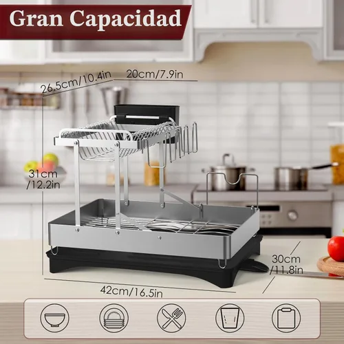 Vista 3 de Escurridor de platos, 2 niveles plegables de acero inoxidable para encimera de cocina, escurridor de platos grande multifuncional con boquilla