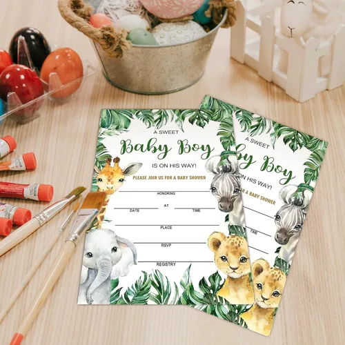 Vista 4 de Invitaciones de baby shower para niño, tarjetas de relleno de animales de la selva con sobres, de madera, juego de 25. green2