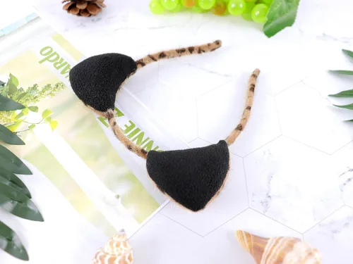 Vista 4 de Diadema con orejas de gato peludas, de doble cara, color negro leopardo