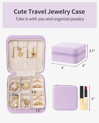 Vista 4 de Vlando Pequeño organizador de joyero de viaje Anillo de regalo para mujer, aretes, collares, vitrina de almacenamiento para niñas, color morado