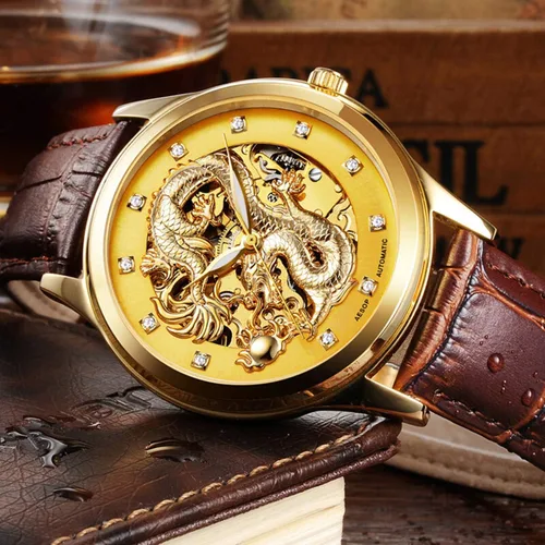 Vista 3 de Moda 3D Dragón Dorado Hueco Automático Reloj para los Hombres Impermeable Diamantes Hora Marcadores Reloj de Pulsera