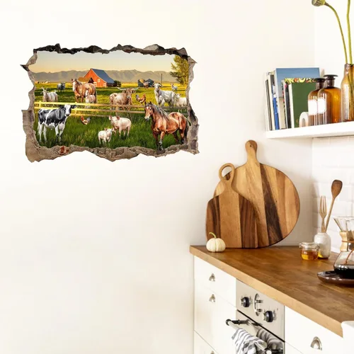 Vista 4 de Calcomanías de pared de animales de granja, mural de granja 3D, calcomanías de granja para despegar y pegar, calcomanías creativas falsas