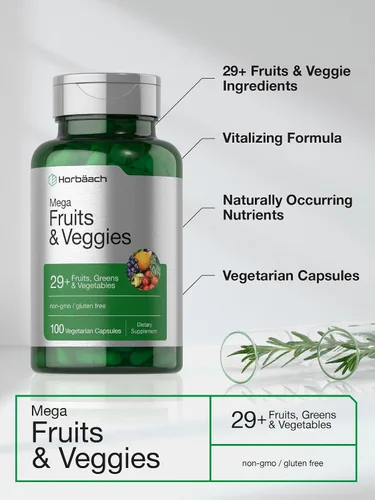 Vista 4 de Horbäach Suplemento Mega frutas y verduras 100 cápsulas Vegetariano, sin OMG y sin gluten