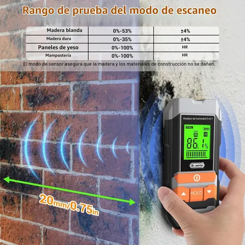 Vista 3 de Dr.meter Medidor de Humedad de Madera, 2 en 1 Probador de Humedad con y sin Punta, Sensor Digital de Humedad para Madera, Leña, Yeso, Papel, Piso