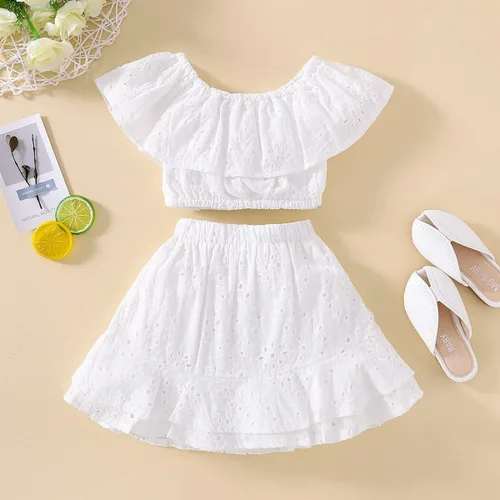 Vista 3 de BOIZONTY Conjunto de blusa corta con volantes y hombros descubiertos y falda de mezclilla con lazo y falda de verano para niñas