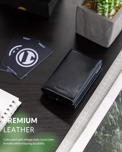 Vista 5 de Cartera plegable de cuero genuino con compartimento para billetes, ventana de identificación y bolsillo para monedas