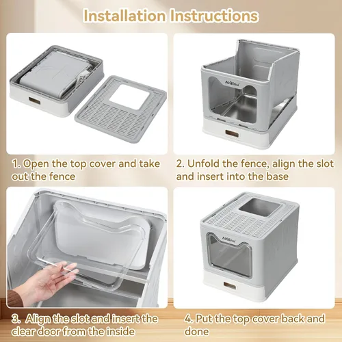 Vista 6 de AiQInu Caja de arena plegable de acero inoxidable para gatos con tapa y cuchara, caja de arena de metal cerrada grande con lados altos, antifugas