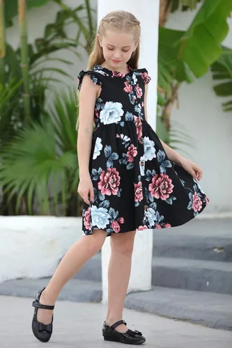 Vista 3 de GORLYA Vestido midi vintage para niña de 4 a 12 años con estampado floral y volantes, manga con volantes y bolsillos