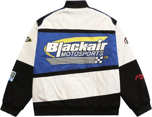 Vista 2 de Aelfric Eden Chaqueta de motocicleta para hombre, chaqueta de béisbol Blackair Moto Varsity para mujer, abrigos vintage
