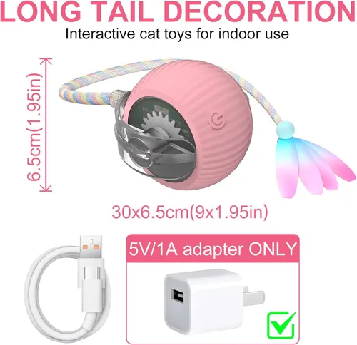 Vista 2 de Pelota interactiva para gatos, bolas rodantes inteligentes activas, juguetes automáticos para gatitos, con cola de malla elástica, recargable, bola