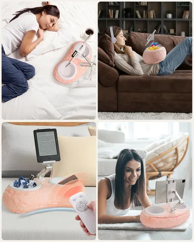 Vista 2 de SHUWEI Almohada para Kindle de regazo, soporte ajustable de aluminio con brazos y cuencos para aperitivos, clip giratorio de 360° para Kindle