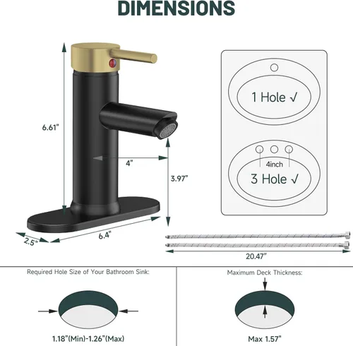 Vista 2 de Grifo de lavabo de baño negro y dorado, con una sola manija, un agujero, con placa de cubierta y línea de suministro, latón