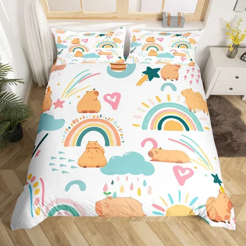 Vista 3 de Erosebridal Capybara - Juego de funda de edredón para dormitorio, 2 piezas, diseño de arco iris, tamaño individual, para niñas, funda de edredón