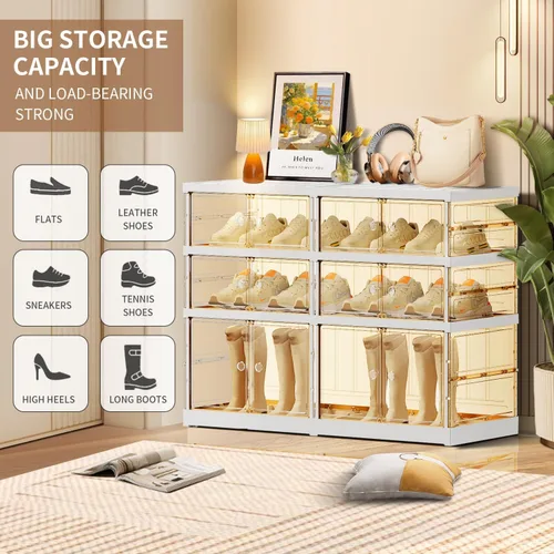 Vista 4 de EHAMILY 3 niveles, 6-12 pares de cajas de zapatos plegables, estante grande de plástico para almacenamiento de zapatos, organizador de zapatos
