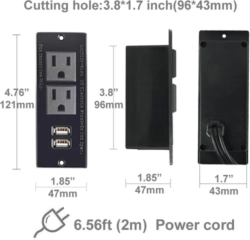 Vista 2 de Regleta de escritorio con 2 tomacorrientes, 2 USB 2.1A, montaje de inserción, mesa de escritorio integrada, sofá, gabinete, mesita de noche